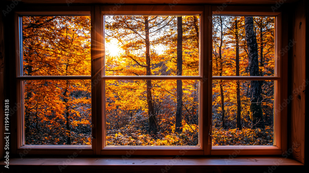 Autumn Forest View from a Wooden Window: Golden Leaves and Sunlight Autumn Forest View from a Wooden Window: Golden Leaves and Sunlight