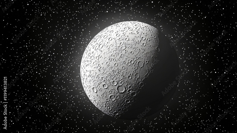 Half-lit moon in space with craters and stars. Half-lit moon in space with craters and stars.