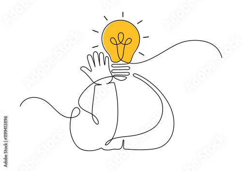 Man came up with a solution. A person with a glowing light bulb-shaped head. New idea, imagination and creativity concept. Continuous line drawing.