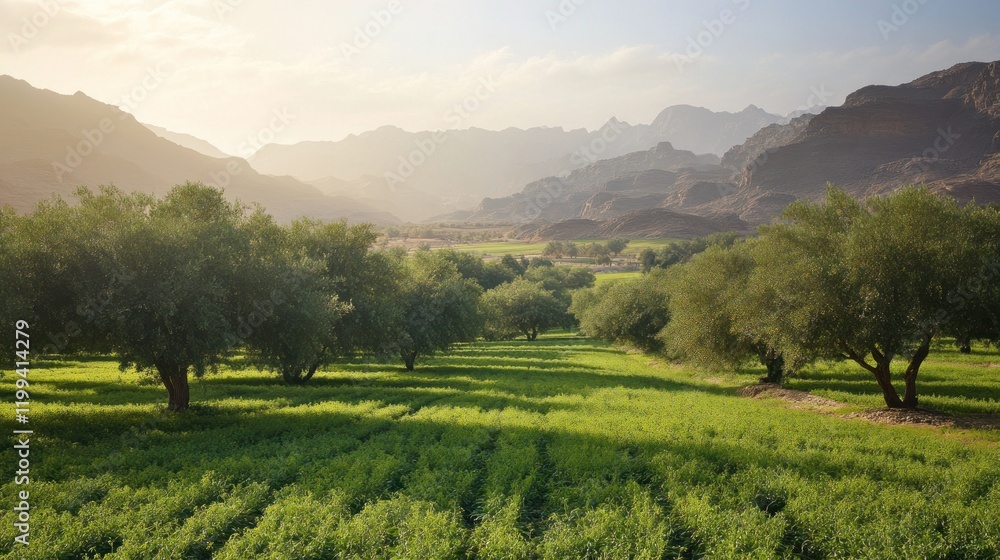 Obraz premium Lush green field with trees in the foreground and majestic mountains in the background