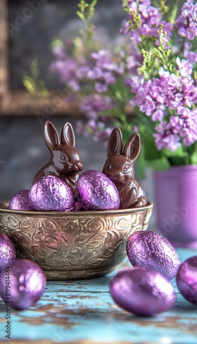 Chocolate bunnies and purple Easter eggs in a vintage bowl, with lilac flowers in the background. A festive springtime scene. photo