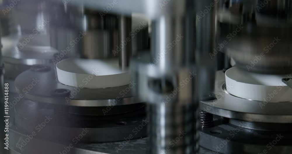 Detailed view of automated machinery in a paper cup manufacturing factory, showcasing industrial processes and precision engineering in action Detailed view of automated machinery in a paper cup manufacturing factory, showcasing industrial processes and precision engineering in action