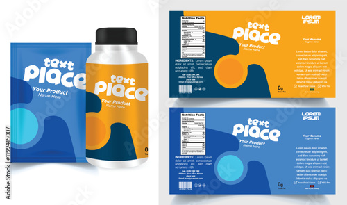 Vitamin label sticker design, natural multi food supplement banner packaging, jar label.