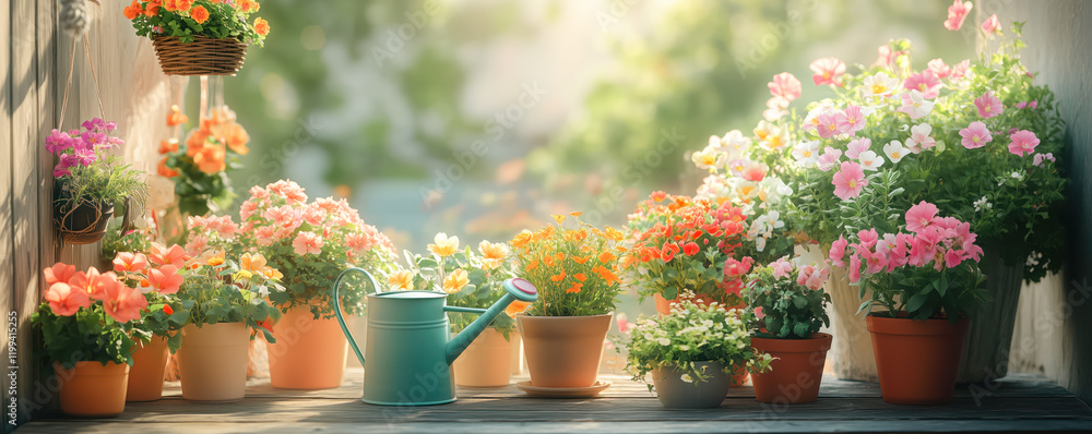 Obraz premium A courtyard garden with a variety of potted plants and hanging baskets filled with colorful flowers. Gardening concept.