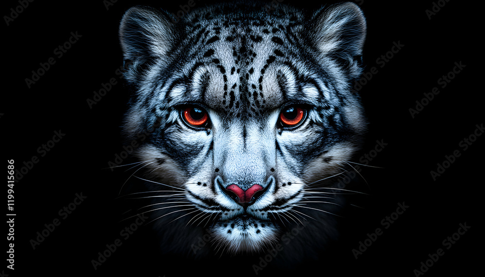 Obraz premium Majestic snow leopard portrait, intense gaze, dark background, wildlife photography.