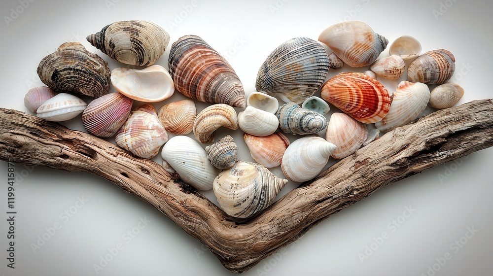 Seashells Heart Shaped Arrangement on Driftwood Beach Theme Seashells Heart Shaped Arrangement on Driftwood Beach Theme