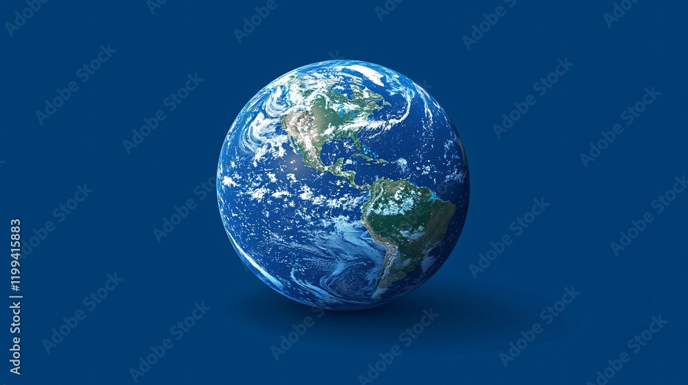 Detailed Earth globe image on blue background, showing continents, oceans, and clouds. Detailed Earth globe image on blue background, showing continents, oceans, and clouds.