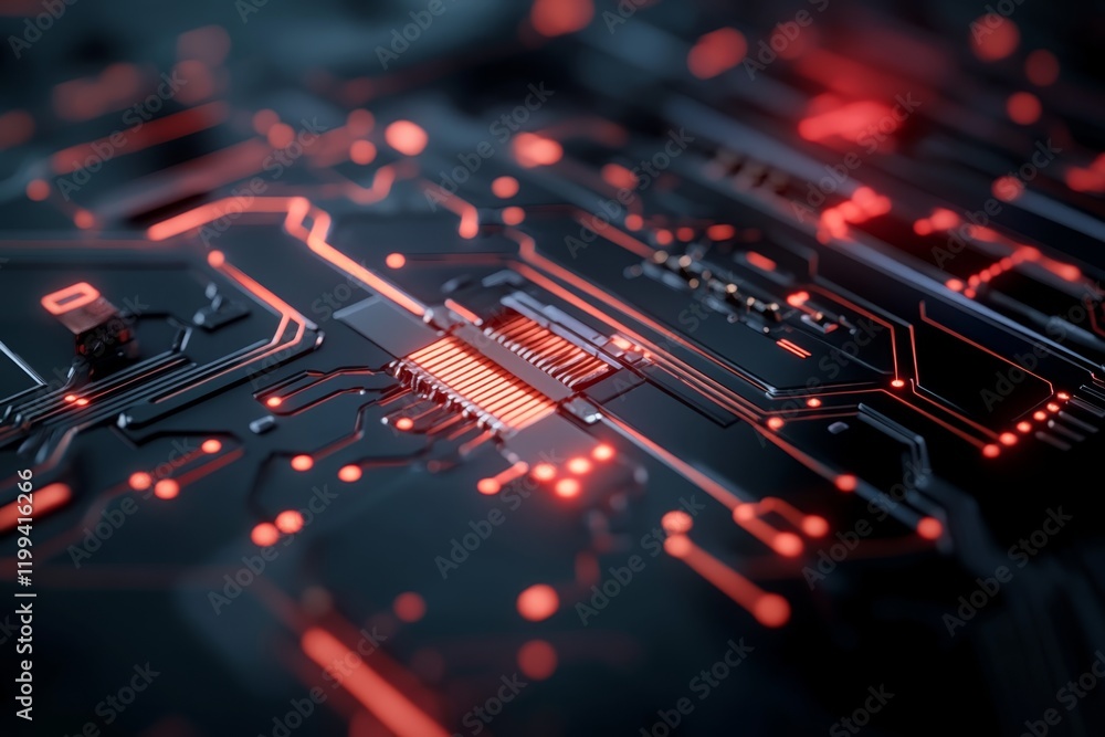 Circuit board with glowing red lights showcasing advanced technology and intricate design in a dark setting Circuit board with glowing red lights showcasing advanced technology and intricate design in a dark setting