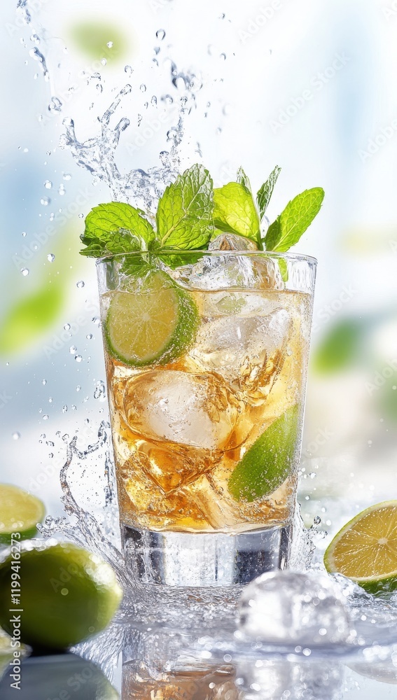 Refreshing Cocktail Splashing in a Glass with Lime and Mint Leaves on a Bright Summer Background Capturing the Essence of a Cool and Relaxing Beverage