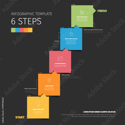 Dark pastel six step infographic template with colorful, labeled boxes illustrating a stepbystep process. The steps are visually distinct and designed to guide the viewer effectively.