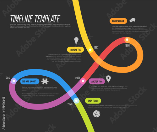 Simple Dark Loop thick timeline template with vibrant colors display key events from the company history. Timeline is visually engaging, emphasizing each milestone with a unique hue.