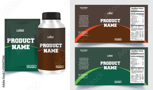 Vitamin label sticker design, natural multi food supplement banner packaging, jar label.