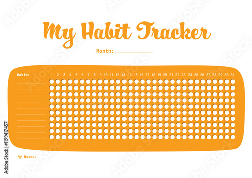 A monthly habit tracker template with spaces for habits, notes, and daily tracking. Ideal for organizing and maintaining personal habits over a 31-day period efficiently.
