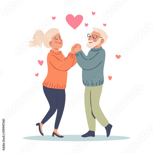 Pareja de Ancianos Bailando con Amor: Ilustración Vectorial Plana de Romance, Alegría y Conexión en Estilo Simple