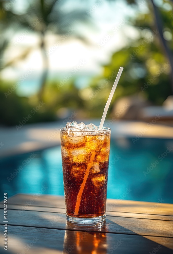 Refreshing Cold Drink with Ice in a Clear Glass on a Wooden Table by the Poolside Surrounded by Lush Greenery Under a Bright Blue Sky Refreshing Cold Drink with Ice in a Clear Glass on a Wooden Table by the Poolside Surrounded by Lush Greenery Under a Bright Blue Sky