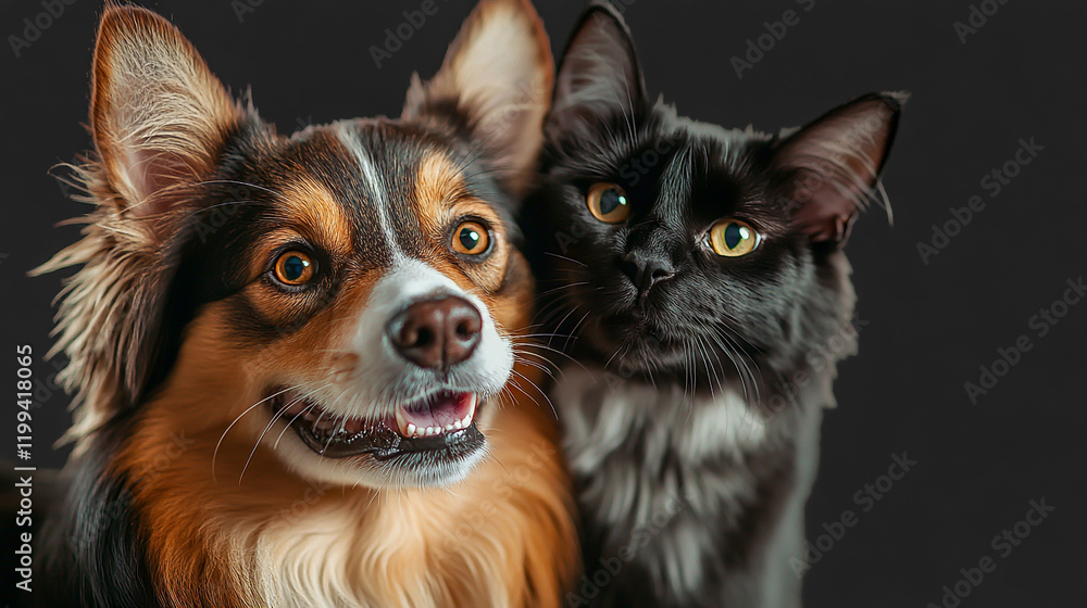 Fototapeta premium Portrait of a joyful dog and cat looking at the camera together, showcasing their strong friendship and bond, with an emphasis on the amazing harmony between the two pets. 