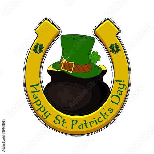 Happy Saint Patrick's Day wishes on gold horseshoe with pot of gold and leprechaun green hat. Design elements for St. Patrick's Day. Isolated on white background. Vector illustration.