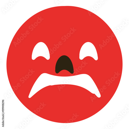 A red circle with a white face and a black nose, the mouth is curved downwards, the eyes are wide open, it is a cartoon depicting a scared face.