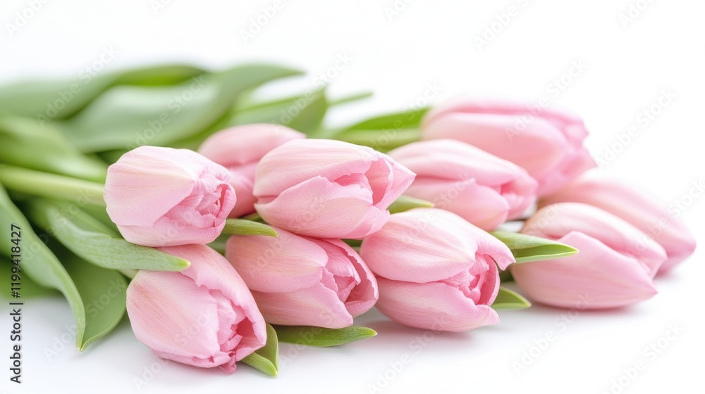 Soft Pink Tulips with Green Leaves on White Background for Spring Soft Pink Tulips with Green Leaves on White Background for Spring