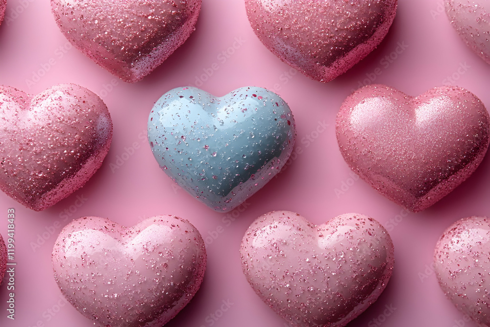 Fototapeta premium Pastel hearts pattern, pink background, unique blue heart, Valentine's Day
