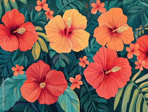 Wallpaper Mural Vibrant Hibiscus Flowers Tropical Botanical Garden Illustration Torontodigital.ca