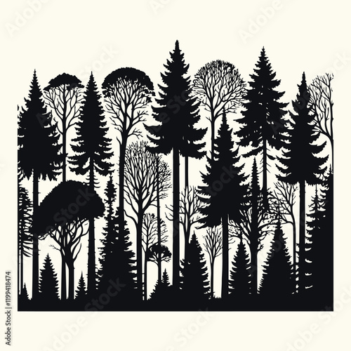 A black and white silhouette of a forest with a variety of trees, including tall pines and deciduous trees. The trees are arranged in a line, creating a dense and foreboding atmosphere. The background