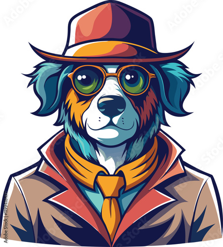 Beautiful dog head wearing human coat, hat and sunglasses vector artwork illustration