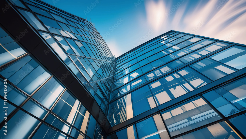 Obraz premium Modern Architecture: Close-Up of Structural Glazing Walls on Skyscraper Facade – Hi-Tech Design for Real Estate, Financial Business, and Construction Industry