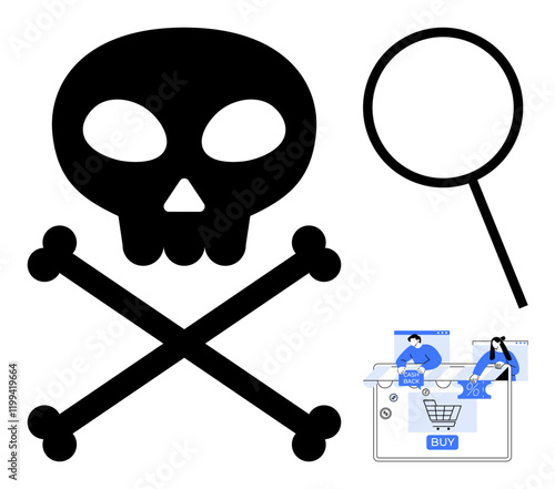 Skull and crossbones symbol beside a magnifying glass, with additional e-commerce icons below. Ideal for cybersecurity, e-commerce safety, piracy, cyber threats, online shopping risks, digital