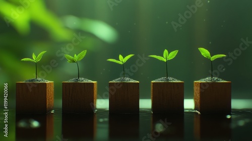 Young Green Plants Growing in Wooden Pots in Natural Light