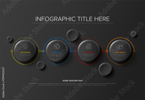 A clean dark infographic with four connected circles featuring icons and text. The design uses minimalist elements and vibrant colors to highlight accounting, statistics, and strategy.