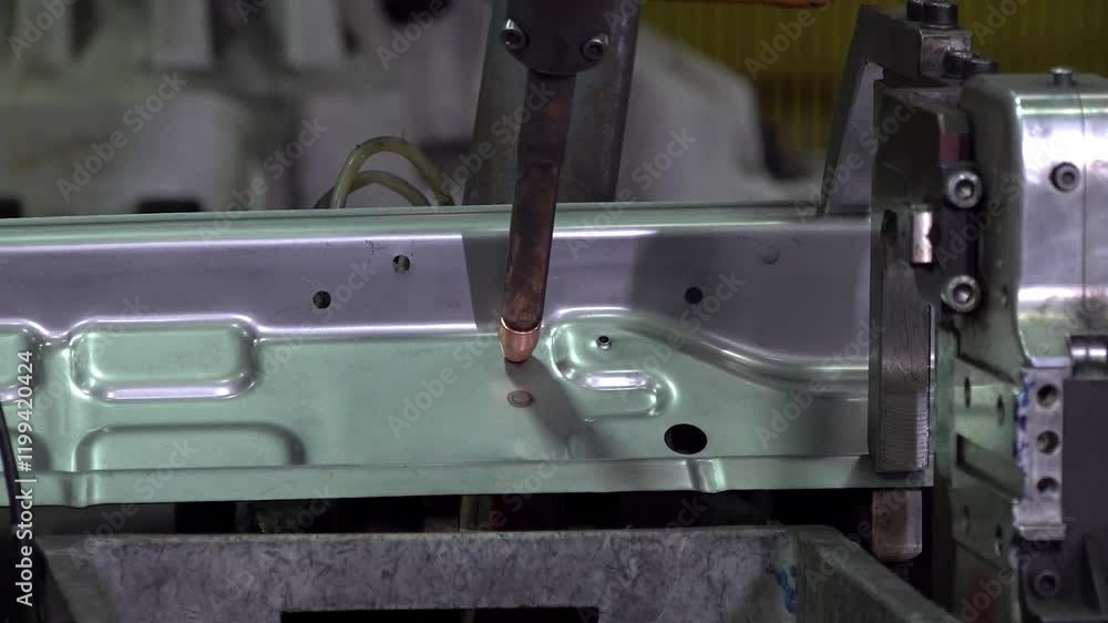 Close up view of welding machine tack weld metal in a heavy industrial factory.