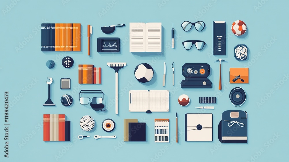 Flat lay of various objects representing knowledge, hobbies, and tools. Flat lay of various objects representing knowledge, hobbies, and tools.