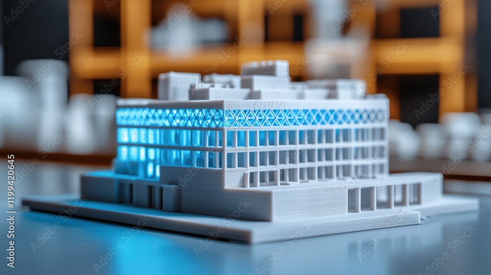 A detailed architectural model of a building, featuring illuminated sections, set against a blurred background of shelves. A detailed architectural model of a building, featuring illuminated sections, set against a blurred background of shelves.