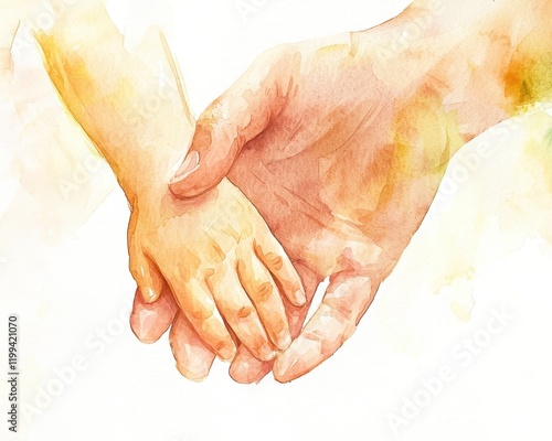 Watercolor illustration of a mother holding child’s hand in soft pastels for Mother’s Day concepts..