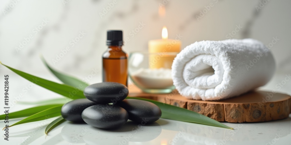 Luxurious spa arrangement featuring an amber bottle of aromatherapy oil, smooth hot stones, a lit candle, and a rolled towel on a marble surface. Perfect for relaxation, wellness Luxurious spa arrangement featuring an amber bottle of aromatherapy oil, smooth hot stones, a lit candle, and a rolled towel on a marble surface. Perfect for relaxation, wellness