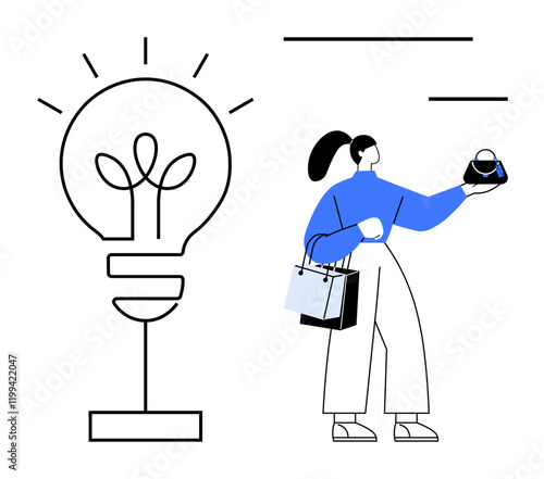 Woman holding shopping bags and a small purse, standing next to a large light bulb. Ideal for creativity, innovation, shopping, consumerism, business ideas, modern lifestyle, and inspiration