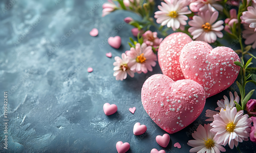 Fototapeta premium Pink hearts, flowers, textured background, Valentine's