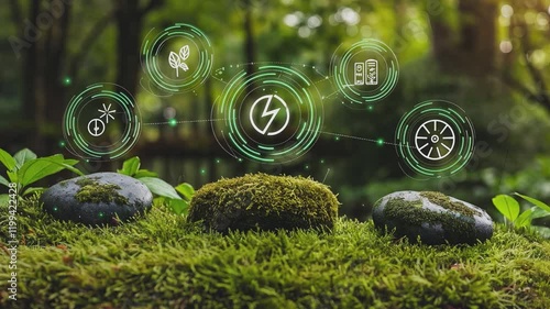 Wallpaper Mural Green Energy Ecosystem: Sustainable energy icons, representing renewable power sources, emerge from a mossy rock setting within a lush green forest, symbolizing eco-friendly power generation. Torontodigital.ca