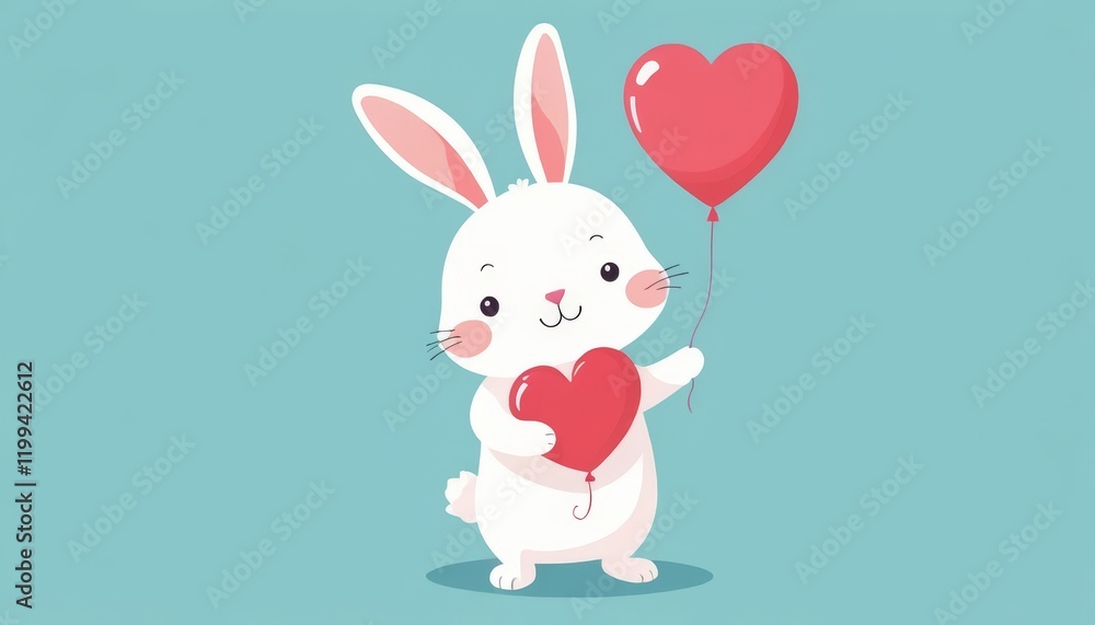 A cute cartoon bunny holding heart-shaped balloons against a sky-blue background. Perfect for Valentine's Day and Mother's Day cards, with space for heartfelt messages A cute cartoon bunny holding heart-shaped balloons against a sky-blue background. Perfect for Valentine's Day and Mother's Day cards, with space for heartfelt messages