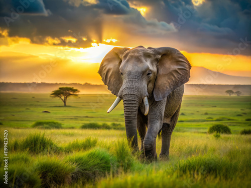 Majestic elephant strides confidently across sun drenched savannah, showcasing its grandeur against stunning sunset backdrop. scene evokes sense of tranquility and awe photo