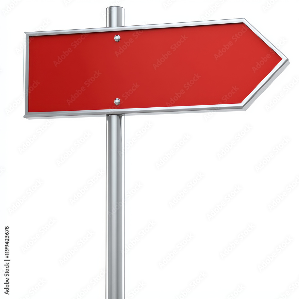 Fototapeta premium Red directional sign on silver pole, blank for customization, ideal for various uses. Perfect for guiding or indicating directions in urban or rural settings