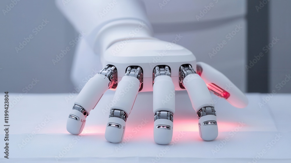 A robotic hand with articulated fingers emitting red light, showcasing advanced technology and design in robotics. A robotic hand with articulated fingers emitting red light, showcasing advanced technology and design in robotics.