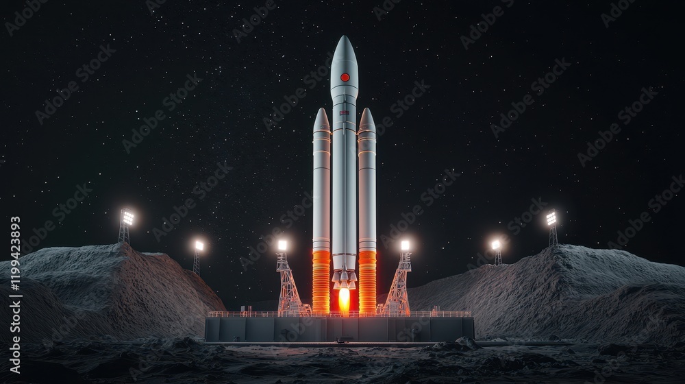 Obraz premium A rocket stands poised for launch against a starry backdrop, illuminated by ground lights, amidst moon-like terrain.