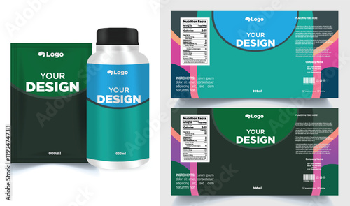 Vitamin label sticker design, natural multi food supplement banner packaging, jar label.