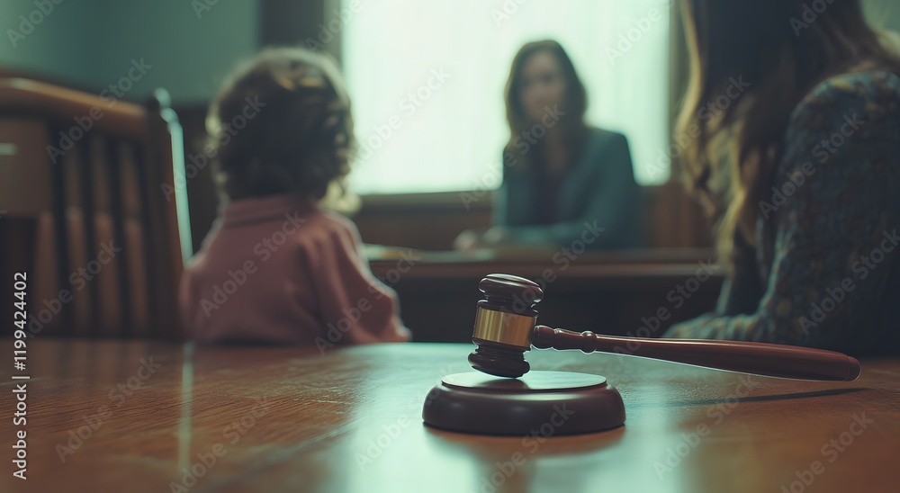 A child sits with his family and a judge's gavel is on the table in front of him, representing the law of the child. And it promotes the idea of respect for the law and child custody. A child sits with his family and a judge's gavel is on the table in front of him, representing the law of the child. And it promotes the idea of respect for the law and child custody.