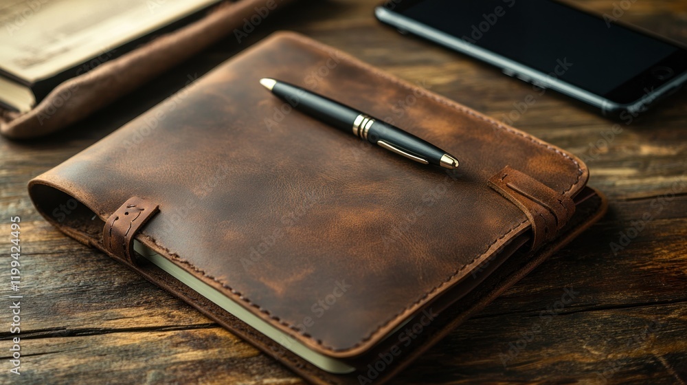 Rustic brown leather journal with pen and phone. (1) Rustic brown leather journal with pen and phone. (1)
