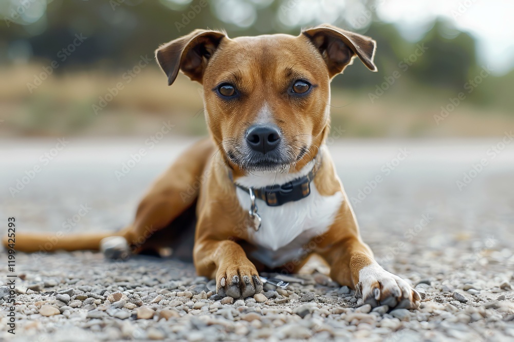Small brown and white mongrel dog with a collar is lying on a gravel road Small brown and white mongrel dog with a collar is lying on a gravel road