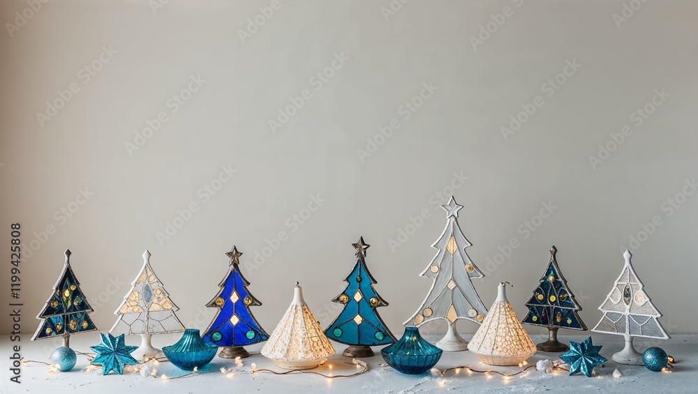 Festive Christmas Scene with Stained Glass Trees and Holiday Ornaments on Table Festive Christmas Scene with Stained Glass Trees and Holiday Ornaments on Table
