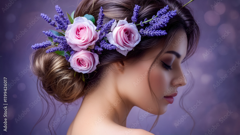 Naklejka premium Portrait of a woman with a floral hairstyle featuring lavender and roses, highlighting elegance and beauty in a soft purple background